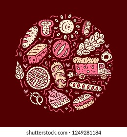 Pink circle concept card. Bakery vector badge. Bright doodle illustration.