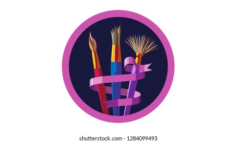 Pink circle frame wich art brushes of different kinds, wrapped in ribborn on wooden handle