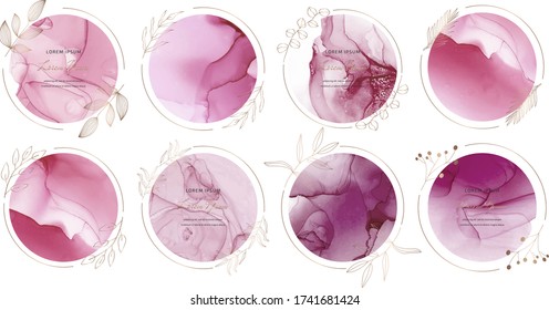 Pink circle frames with alcohol ink texture and hand drawn botanical leaves. Modern template for wedding invitation, greeting, banner, flyer, poster, save the date