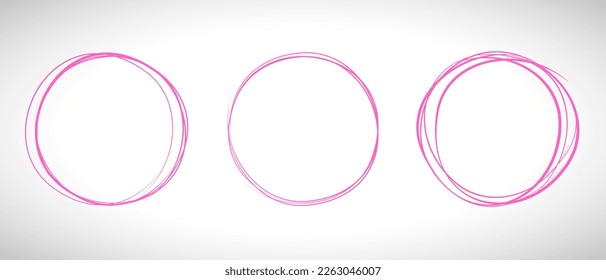 Pink circle line hand drawn set. Highlight hand drawing circle isolated on background. Round handwritten circle. For marking text, note, mark icon, number, marker pen, pencil and text check, vector