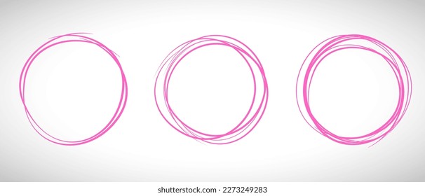 Pink circle line hand drawn set. Highlight hand drawing circle isolated on background. Round handwritten circle. For marking text, note, mark icon, number, marker pen, pencil and text check, vector