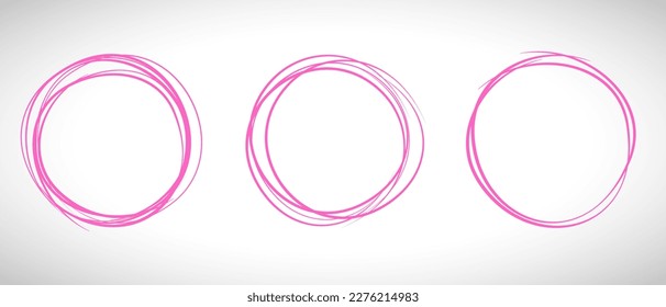 Línea de círculo rosa dibujada a mano. Resaltar el círculo de dibujo a mano aislado en el fondo. Círculo redondo escrito a mano. Para marcar texto, nota, icono de marca, número, lápiz de marcadores, revisión de lápiz y texto, vector