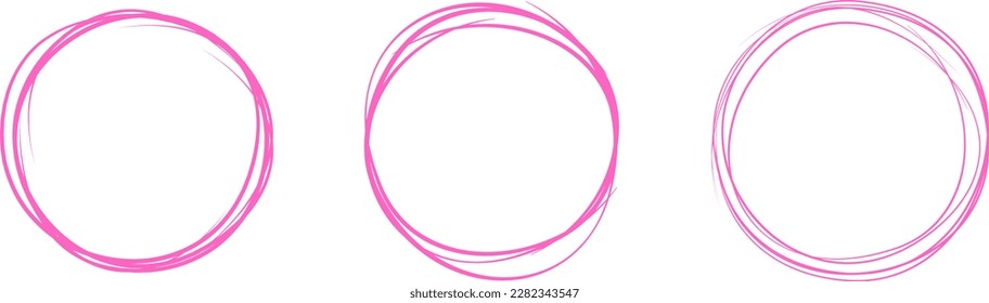 Pink circle line hand drawn set. Highlight hand drawing circle isolated on background. Round handwritten circle. For marking text, note, mark icon, number, marker pen, pencil and text check, vector