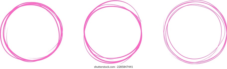 Pink circle line hand drawn set. Highlight hand drawing circle isolated on background. Round handwritten circle. For marking text, note, mark icon, number, marker pen, pencil and text check, vector