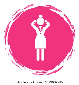 Pink circle logo of silhouette businesswoman with headache, stress. Businesslady overworked, worried. Tired office worker, holding hands on head. Suffering from pain. Nervous female in office suit