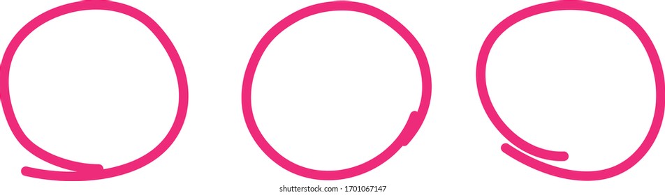 Pink circle pen draw set. Highlight hand drawn circle isolated on white background. Handwritten pink circle. For marker pen, pencil, logo and text check. Vector illustration