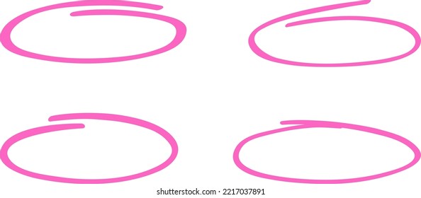 Pink circle, pen draw set. Highlight hand drawing different circles isolated on background. Handwritten pink circle. For marking text, numbers, marker pen, pencil and text check, vector illustration