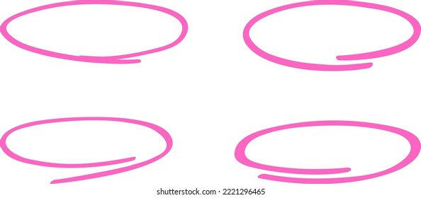 Círculo rosado, conjunto de dibujo de lápiz. Resaltar el dibujo a mano de diferentes círculos aislados en el fondo. Círculo rosa manuscrito. Para marcar texto, números, lápiz de marcadores, corrector de texto y lápiz, ilustración vectorial