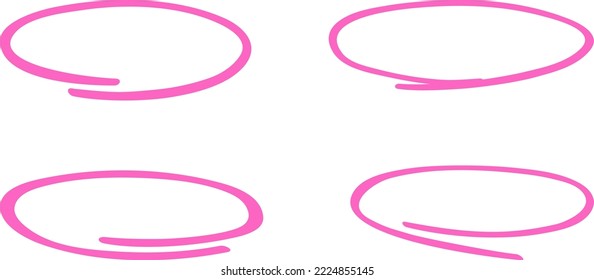 Círculo rosado, conjunto de dibujo de lápiz. Resaltar el dibujo a mano de diferentes círculos aislados en el fondo. Círculo rosa manuscrito. Para marcar texto, números, lápiz de marcadores, corrector de texto y lápiz, ilustración vectorial