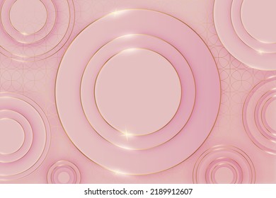 Podos de círculo rosado para la presentación de moda del producto, fondo de visión superior de plataformas redondeadas con textura de línea dorada en el suelo y marco de anillo brillante dorado en el borde, ilustración vectorial realista