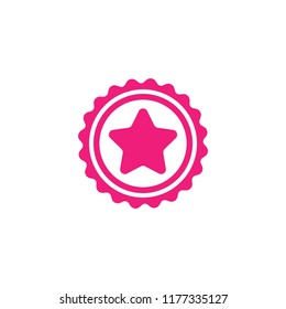 Pink circle with ribbon and pink star. Flat sticker icon. Isolated on white. Accept button. Vector award illustration. Quality check. Certified medal. Approved stamp. Valid seal