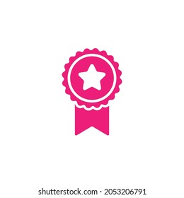 Pink circle with ribbon and star. Flat sticker icon. Isolated on white. Accept button. Vector award illustration. Quality check. Certified medal. Approved stamp. Valid seal