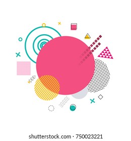 Pink circle and shapes of triangle and square made of small dots, composition on vector illustration isolated on white background