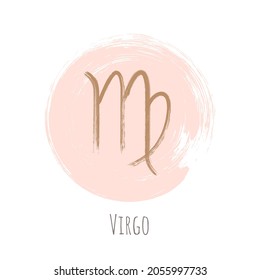 Pink circle Virgo gold horoscope icon, round hand painted zodiac vector sign. Astrological icon isolated. Virgo astrology horoscope symbol clip art on white background.