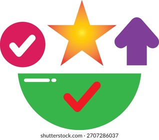 Un círculo rosa con una marca de verificación blanca, una estrella degradada naranja y amarilla y una flecha púrpura sobre un semicírculo verde con una marca de verificación roja.