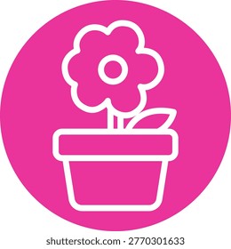 Pink circle with white line drawing of a potted flower