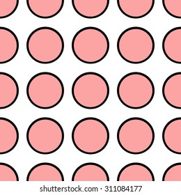 Pink circles on a white background. Black strip. Seamless pattern.