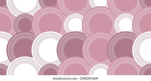 Pink circles, seamless pattern of abstract circles with thin white rings. For textile, pillow, cloth, background, packaging, notepad, cup, wallpaper. Seamless vector.