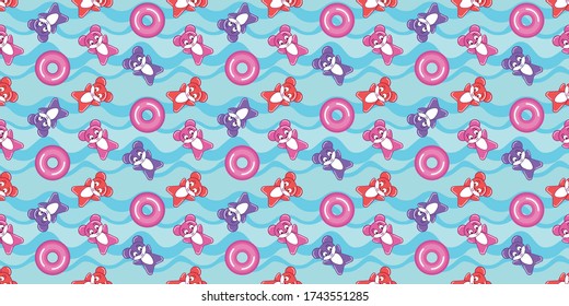 Pink circles for swimming and cartoon mice. Summer seamless pattern. Vector illustration