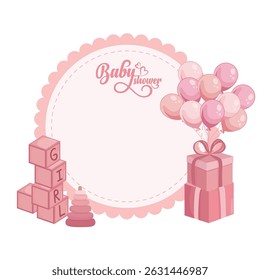 Pink circular baby shower frame for invitation or greeting card design with cute newborn girl elements and decorative flat style illustrations