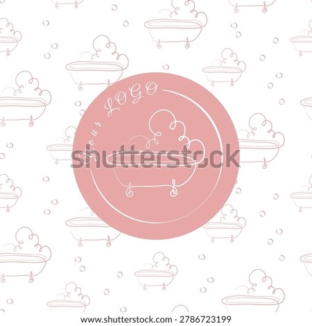 Pink circular logo featuring a delicate line art bathtub with steam, set against a seamless white background pattern of identical bathtubs and bubbles.