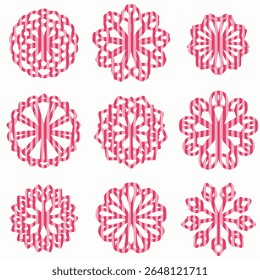 Pink circular lotus mandala flower pattern illustration. Round striped mandala on white isolated background. Vector boho mandala in pink colors. Mandala with floral patterns. Yoga mat design. EPS 10.
