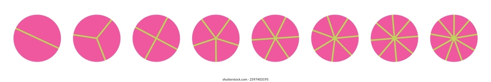 Pink Circular percentage chart with segmented sections, colorful pie graph for business statistics, divided data infographic, geometric cycle template. Flat vector illustration isolated