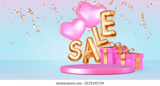 Pink circular podium with golden metallic Sale text, floating heart balloons, wrapped gift boxes with gold ribbons and scattered confetti streamers on pastel blue background for Valentine day promo.