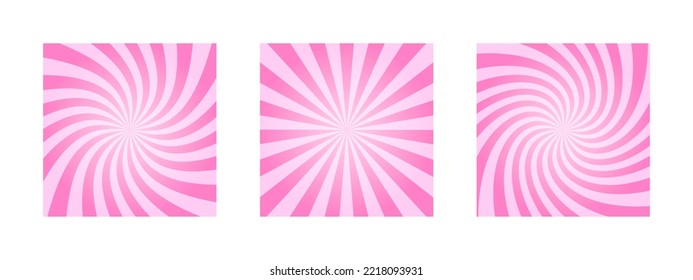 Pink circus, carnival or festival backgrounds. Rosy sunset, twisted stipes, pinwheel pattern. Strawberry bubble gum, sweet lollipop candy, ice cream texture. Clipping mask. Vector cartoon illustration