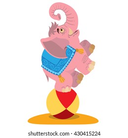 Pink circus elephant on a large ball. Color illustration of fantastic animal elephant.