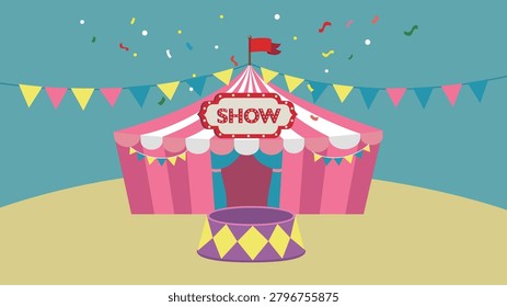 Pink Circus Tent with Retro Show Sign Stage Podium and Bunting Flags Vector Illustration Isolated