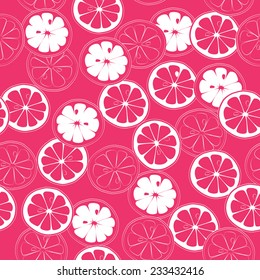 Pink Citrus Cheerful seamless pattern. Vector background. Use for textiles, pillow & interior decoration, wallpaper, web page background, surface textures, wrapping paper, food & cosmetics labeling.