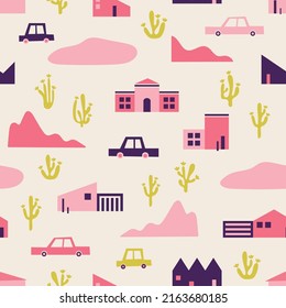 Pink City in the desert seamless pattern. Inspired by summer vibes of Los Angeles, California. Perfect for happy vibes! 