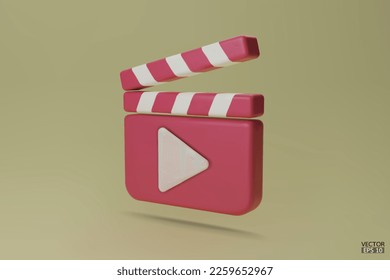 Pink Clapper board icon isolated on green background. Media player icons. Video player icons.  Film clapperboard, video movie equipment. 3D Vector Illustrations.