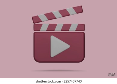 Pink Clapper Board Symbol. Mediaplayer-Symbole. Symbole für Video-Player. Filmklapper, Filmklapperboard, Videoklapper-Ausrüstung. 3D-Vektorgrafiken.