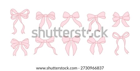 Pink Classic Bow Clipart Set Coquette Ribbon Illustration, Cute Hand Drawn Bow Collection for Valentine, Wedding Scrapbook
