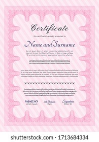 Pink Classic Certificate or Diploma template.  Money style design.  With complex linear background.  Vector illustration. 