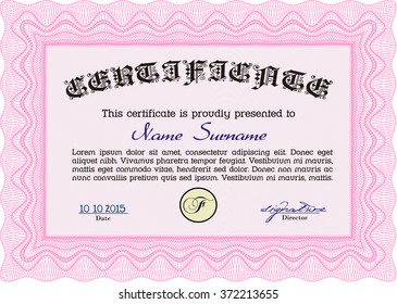 Pink Classic Certificate or Diploma templateMoney Pattern design. 