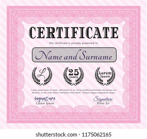 Pink Classic Certificate template. Artistry design. Complex background. Detailed. 