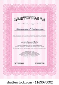 Pink Classic Certificate template. With background. Detailed. Money Pattern. 