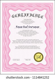 Pink Classic Certificate template. With complex linear background. Detailed. Money style design. 