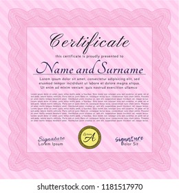 Pink Classic Certificate template. With complex linear background. Customizable, Easy to edit and change colors. Retro design. 