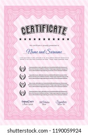 Pink Classic Certificate template. With complex background. Vector illustration. Money Pattern design. 