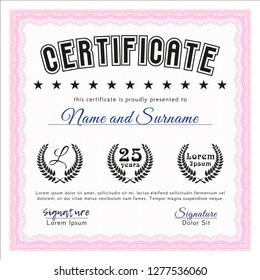 Pink Classic Certificate template. With complex linear background. Money Pattern design. Detailed. 