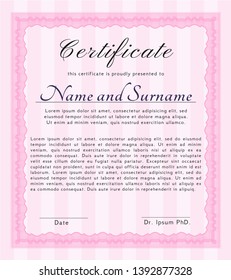 Pink Classic Certificate template. With complex linear background. Vector illustration. Good design. 