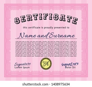 Pink Classic Certificate template. Customizable, Easy to edit and change colors. With great quality guilloche pattern. Superior design. 