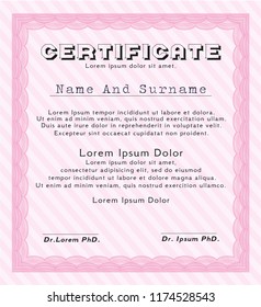 Pink Classic Certificate template. Detailed. With great quality guilloche pattern. Retro design. 