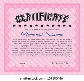 Pink Classic Certificate template. Detailed. With great quality guilloche pattern. Retro design. 