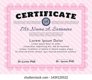 Pink Classic Certificate template. Elegant design. Detailed. With great quality guilloche pattern. 