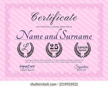 Pink Classic Certificate template.  Elegant design.  With guilloche pattern.  Detailed. 